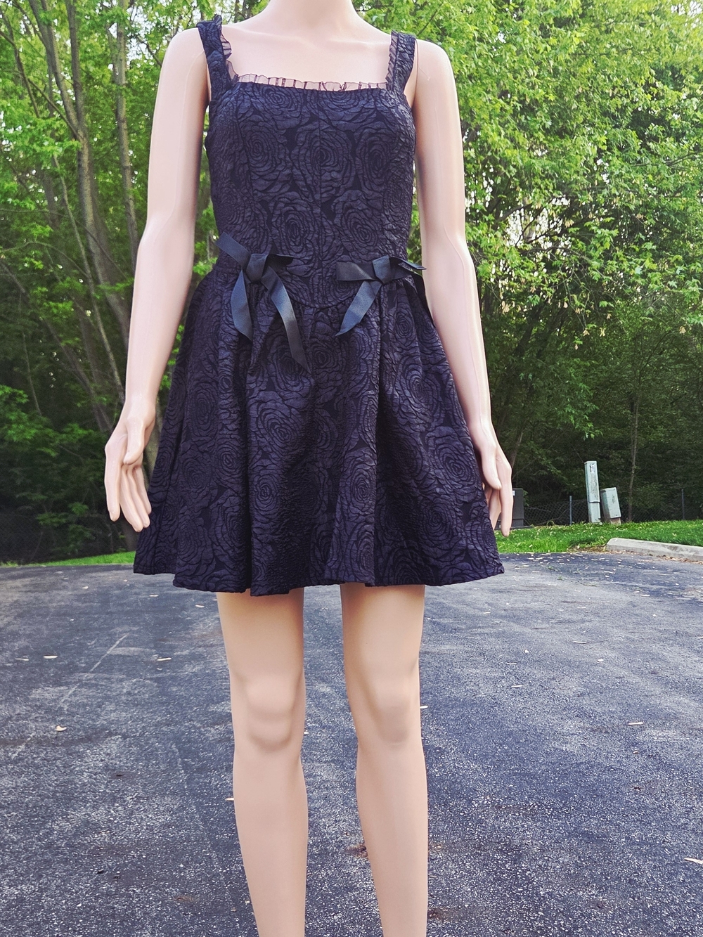 Francesca's Collections Black Textured Rose-Pattern Mini Dress with Bows